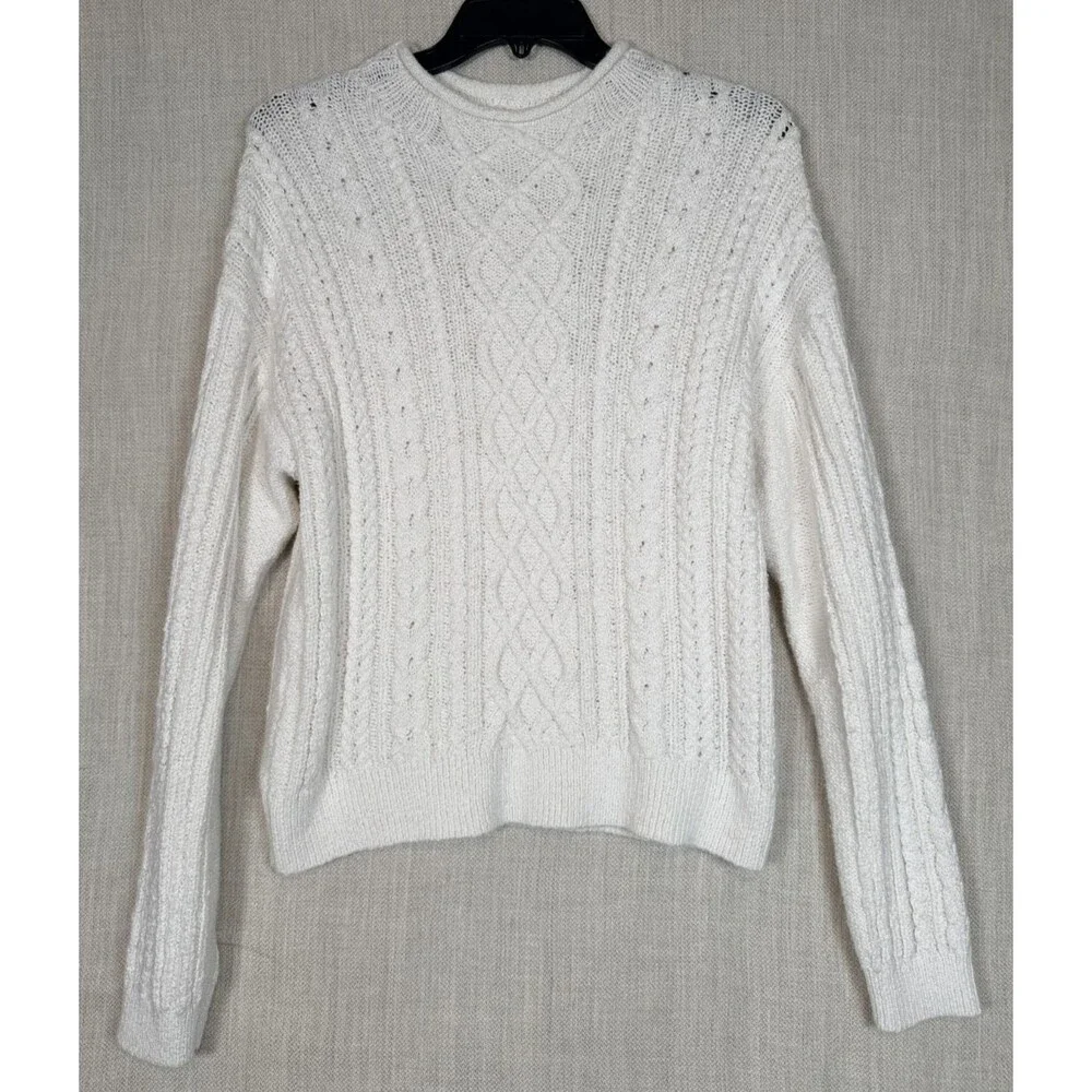 J. Crew Roll Neck Cable Knit Sweater Women M White Cotton Blend Preppy Fisherman